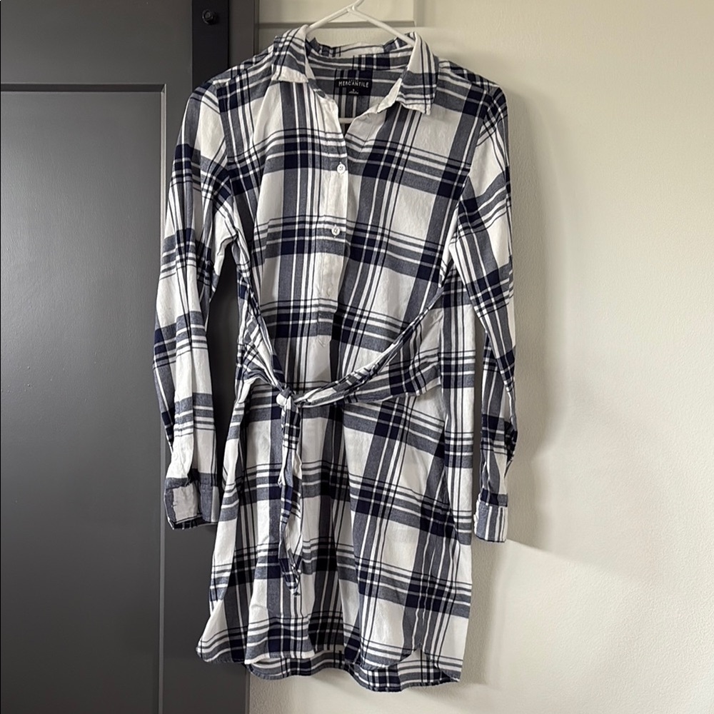 J. Crew Factory White and Navy Plaid Long Sleeve Shirt Dress